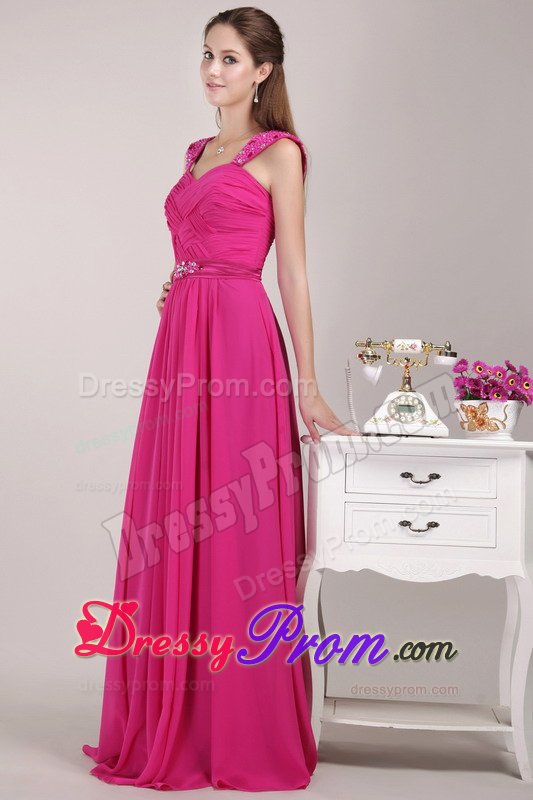 Beading and Ruches Accent Empire Chiffon Prom Gown Dress in Fuchsia
