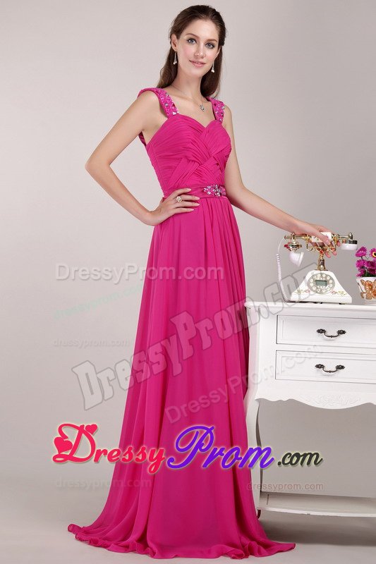 Beading and Ruches Accent Empire Chiffon Prom Gown Dress in Fuchsia