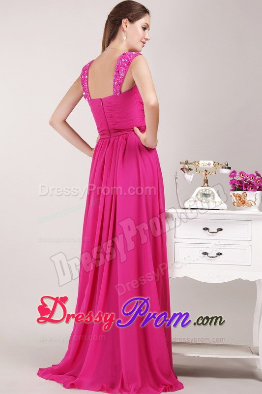 Beading and Ruches Accent Empire Chiffon Prom Gown Dress in Fuchsia
