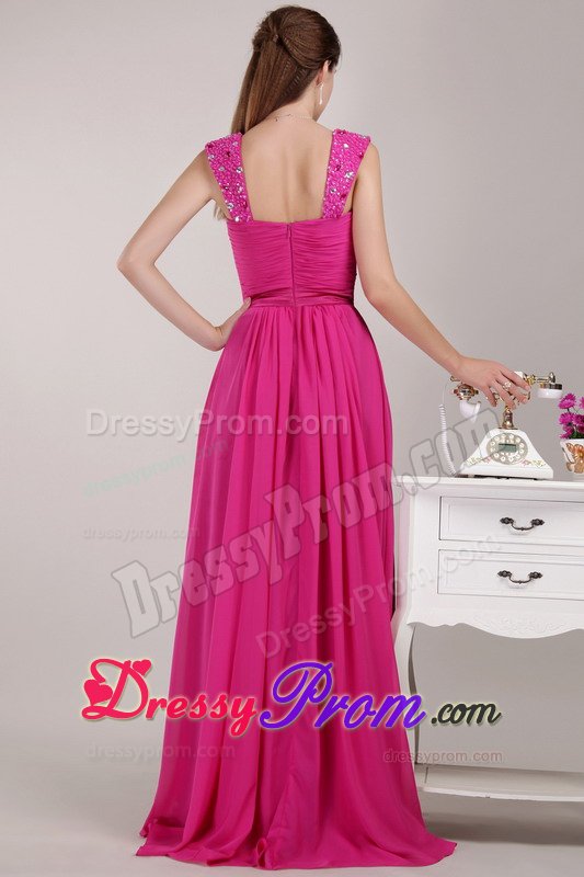 Beading and Ruches Accent Empire Chiffon Prom Gown Dress in Fuchsia