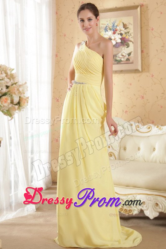 Beaded and Ruched One Shoulder Brush Train Yellow Prom Dress