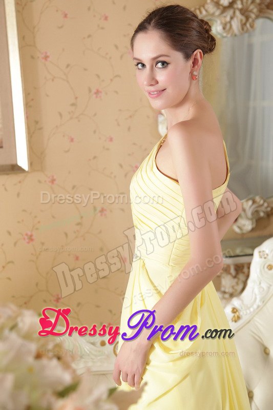 Beaded and Ruched One Shoulder Brush Train Yellow Prom Dress