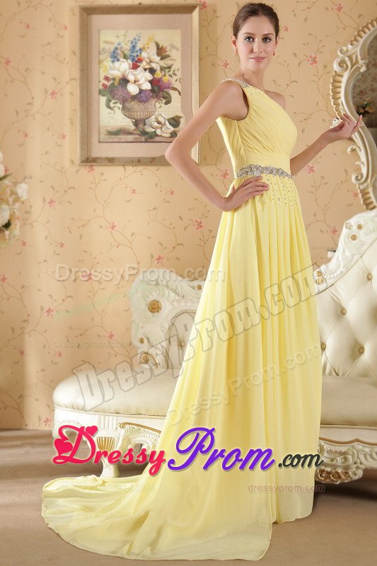Beaded and Ruched One Shoulder Brush Train Yellow Prom Dress