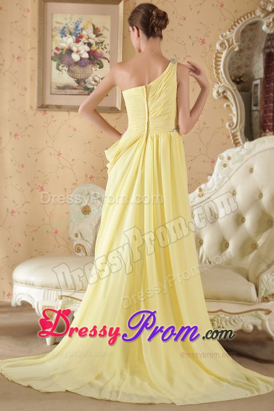 Beaded and Ruched One Shoulder Brush Train Yellow Prom Dress