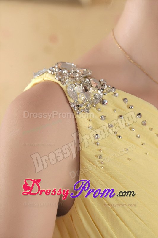 Beaded and Ruched One Shoulder Brush Train Yellow Prom Dress