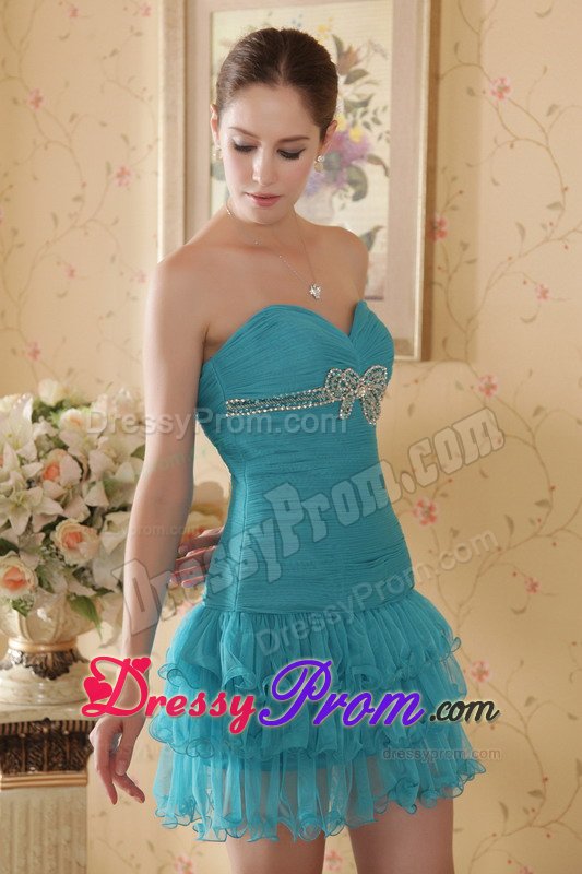 Ruched Teal Mini Prom Gown Dress with Beading and Ruffled Layers