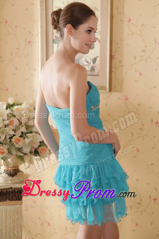 Ruched Teal Mini Prom Gown Dress with Beading and Ruffled Layers
