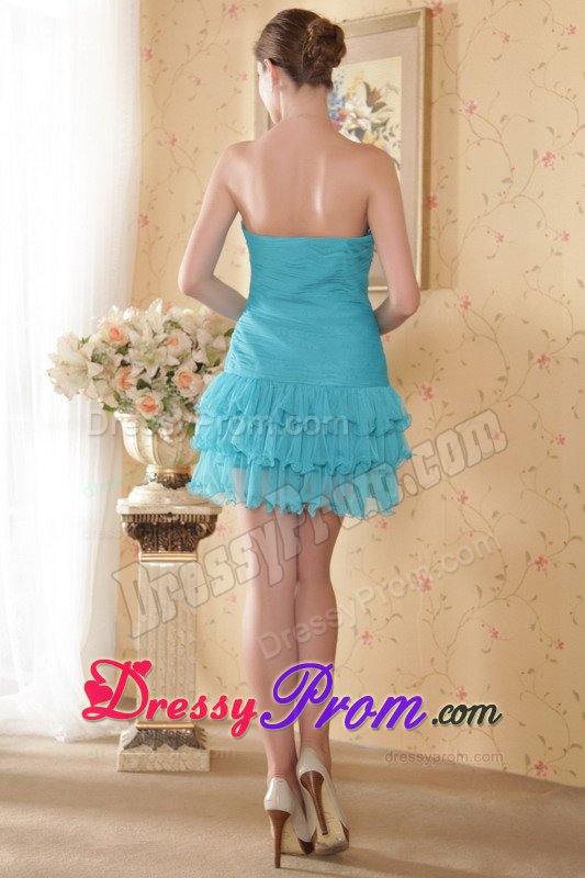 Ruched Teal Mini Prom Gown Dress with Beading and Ruffled Layers
