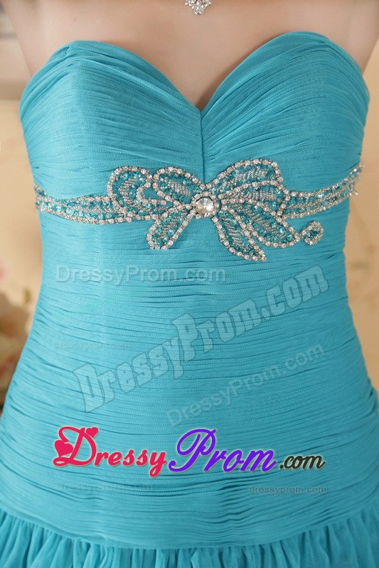 Ruched Teal Mini Prom Gown Dress with Beading and Ruffled Layers