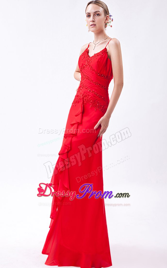 Red Long Beaded Chiffon Prom Pageant Dress with Spaghetti Straps