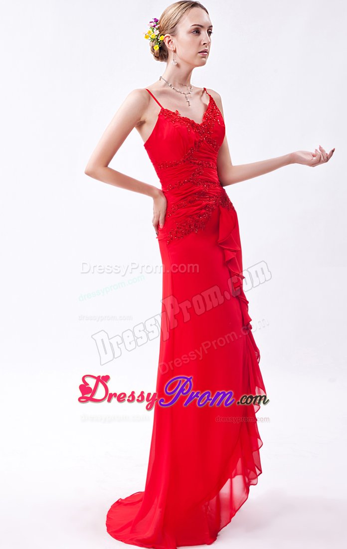 Red Long Beaded Chiffon Prom Pageant Dress with Spaghetti Straps