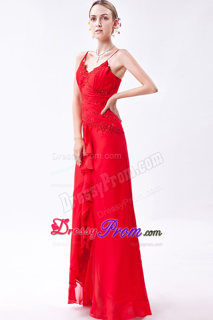 Red Long Beaded Chiffon Prom Pageant Dress with Spaghetti Straps