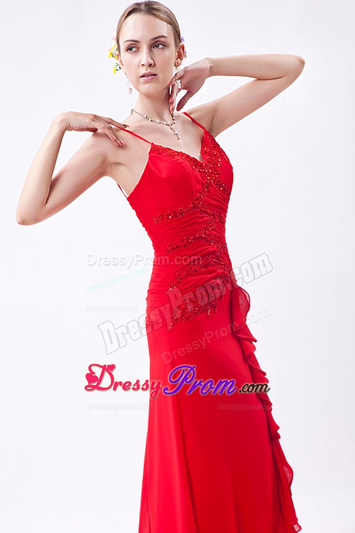 Red Long Beaded Chiffon Prom Pageant Dress with Spaghetti Straps