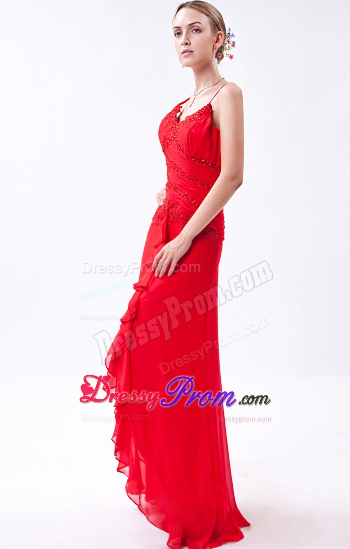 Red Long Beaded Chiffon Prom Pageant Dress with Spaghetti Straps
