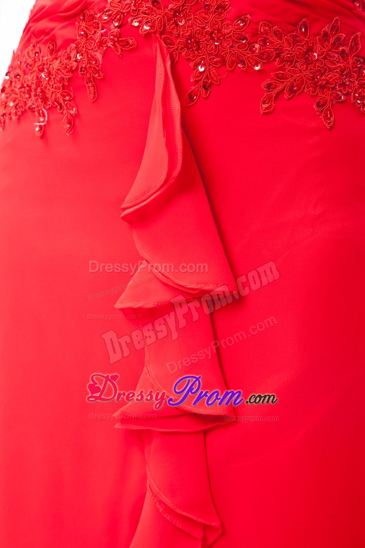 Red Long Beaded Chiffon Prom Pageant Dress with Spaghetti Straps