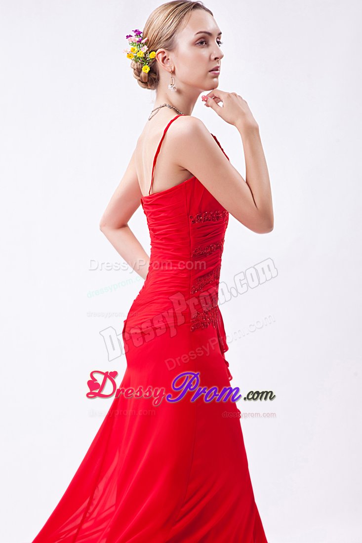 Red Long Beaded Chiffon Prom Pageant Dress with Spaghetti Straps