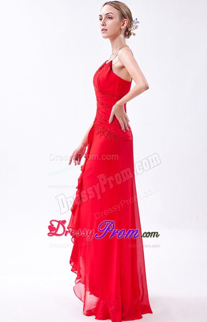 Red Long Beaded Chiffon Prom Pageant Dress with Spaghetti Straps