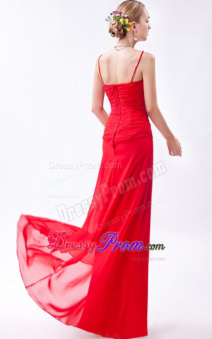 Red Long Beaded Chiffon Prom Pageant Dress with Spaghetti Straps