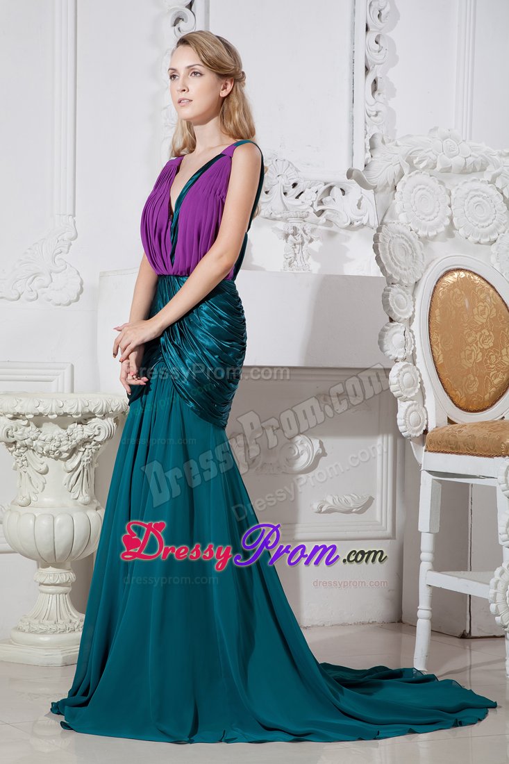 Peacock Green and Purple V-neck Prom Gown Dresses with Ruches
