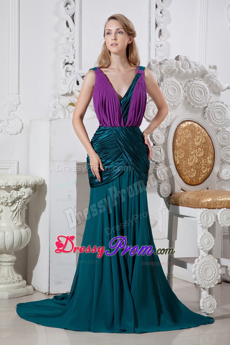 Peacock Green and Purple V-neck Prom Gown Dresses with Ruches