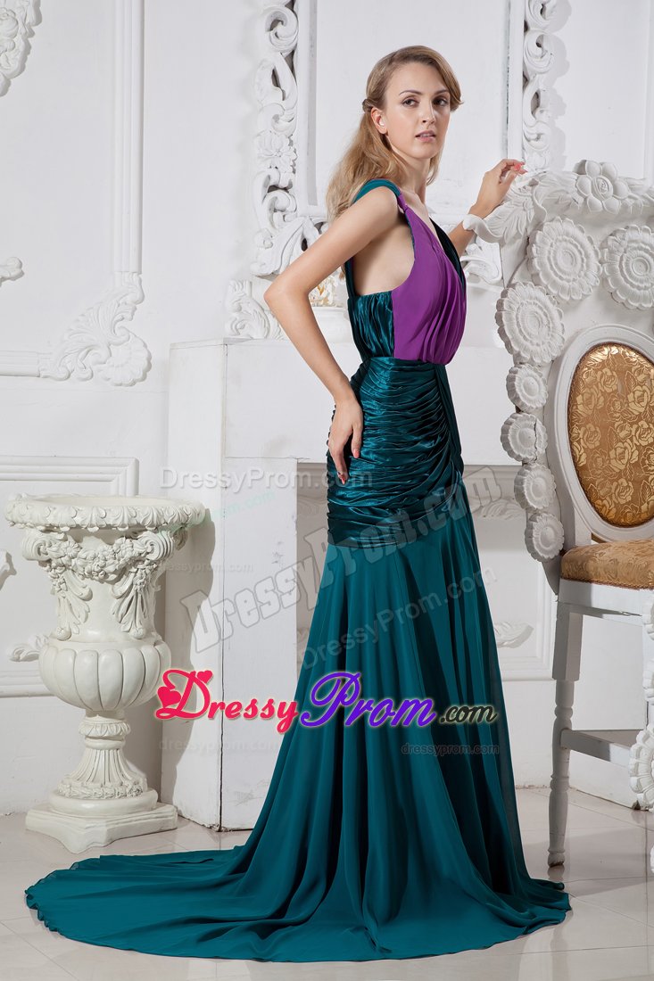 Peacock Green and Purple V-neck Prom Gown Dresses with Ruches