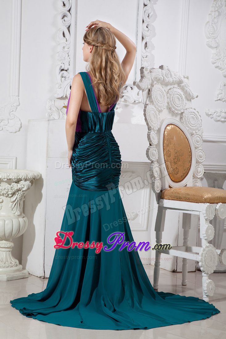 Peacock Green and Purple V-neck Prom Gown Dresses with Ruches