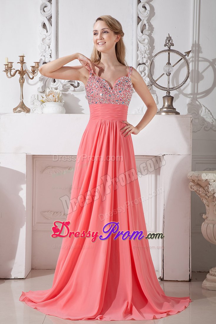 Spaghetti Straps Beaded Empire Prom Pageant Dress in Watermelon