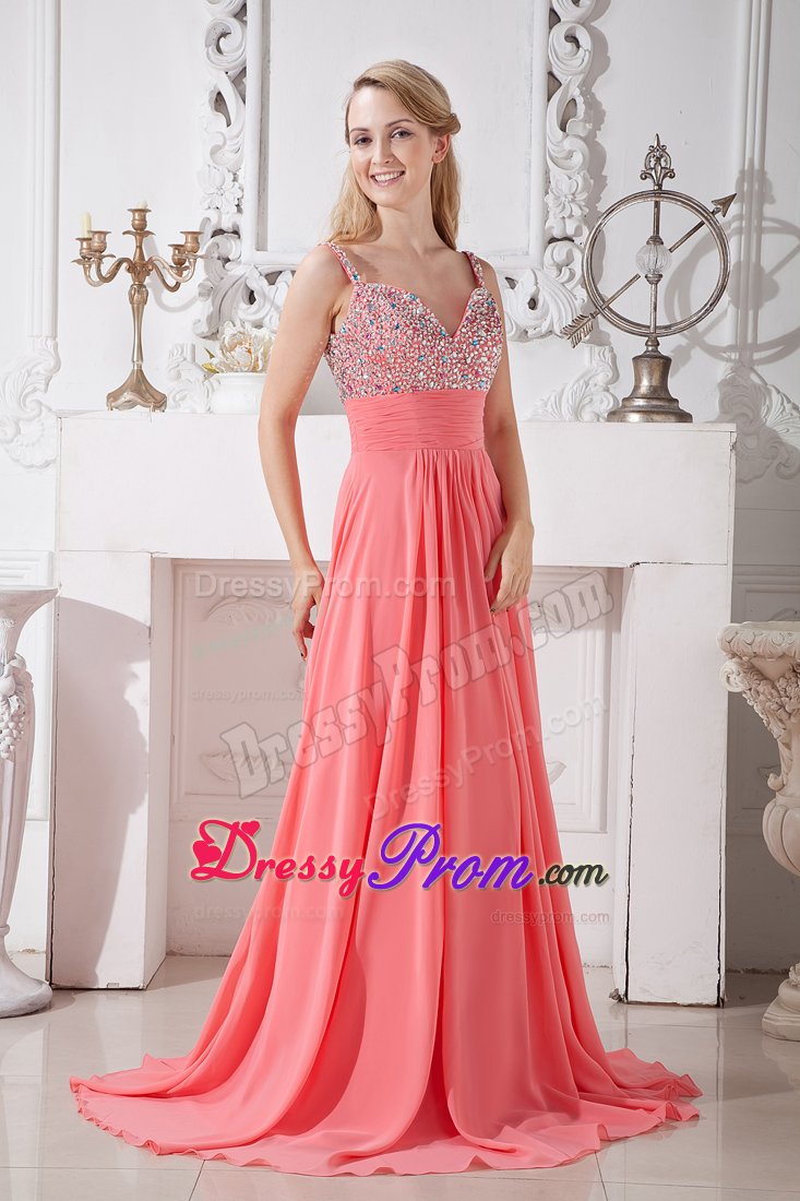 Spaghetti Straps Beaded Empire Prom Pageant Dress in Watermelon