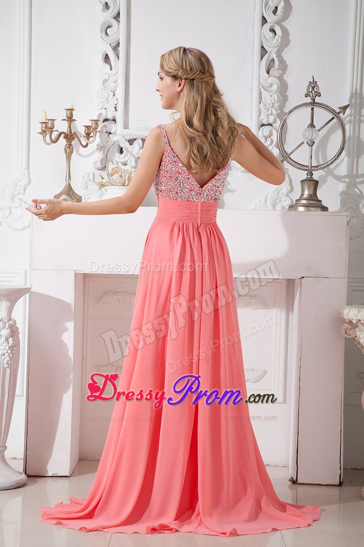 Spaghetti Straps Beaded Empire Prom Pageant Dress in Watermelon