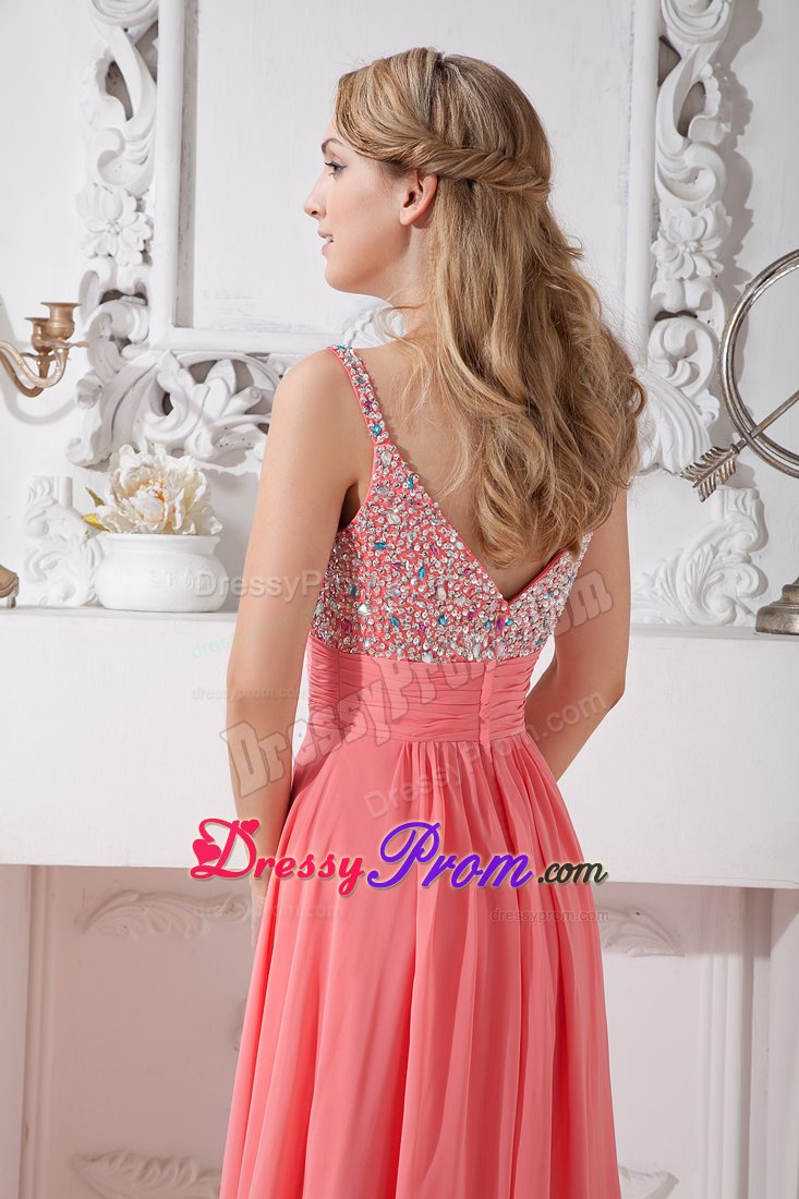 Spaghetti Straps Beaded Empire Prom Pageant Dress in Watermelon