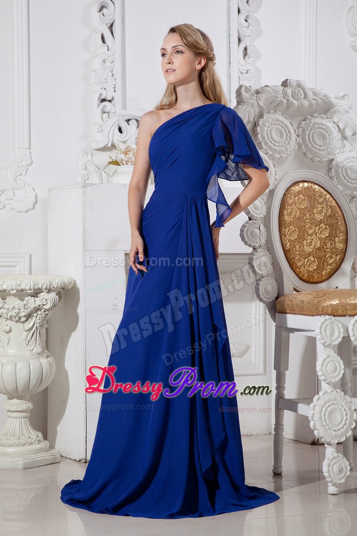 Royal Blue A-line One Shoulder Prom Gown Dress with Brush Train