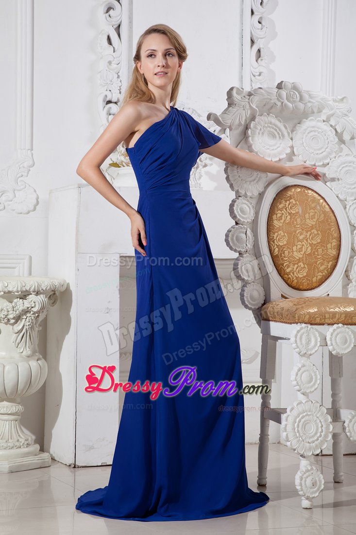 Royal Blue A-line One Shoulder Prom Gown Dress with Brush Train