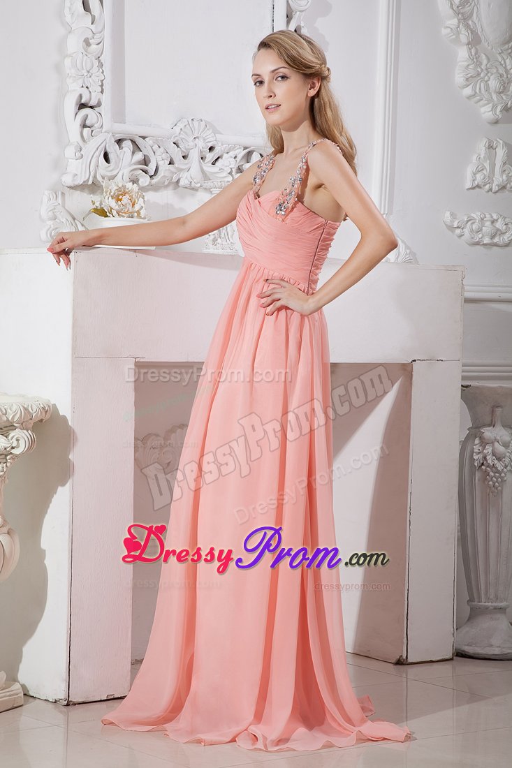 Ruched and Beaded Watermelon Straps Prom Dress with Side Zipper