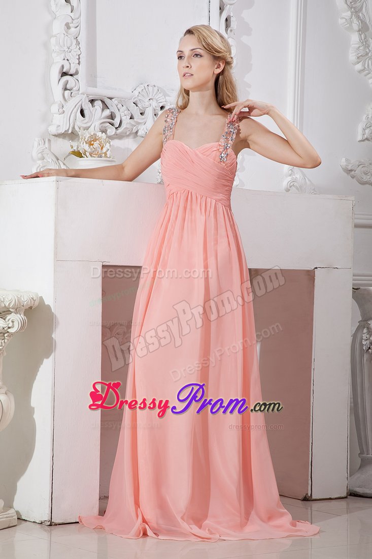 Ruched and Beaded Watermelon Straps Prom Dress with Side Zipper