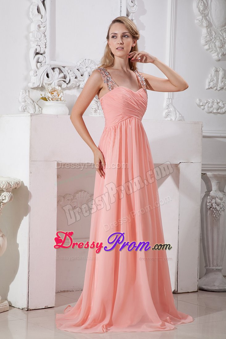 Ruched and Beaded Watermelon Straps Prom Dress with Side Zipper