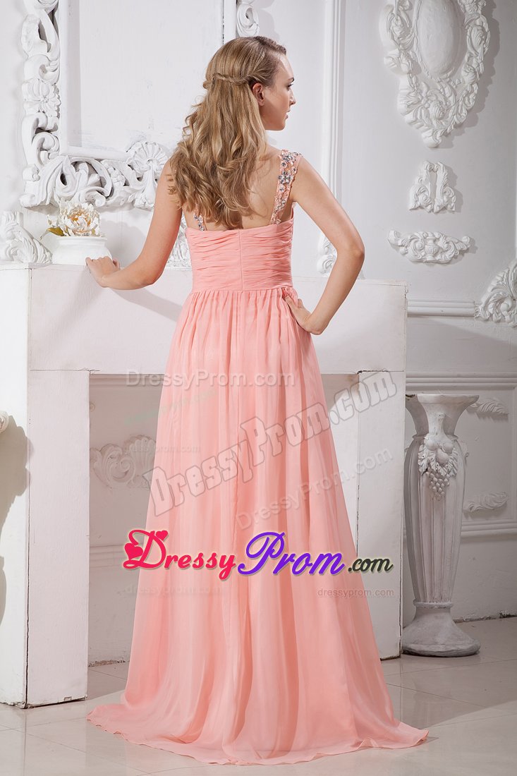 Ruched and Beaded Watermelon Straps Prom Dress with Side Zipper