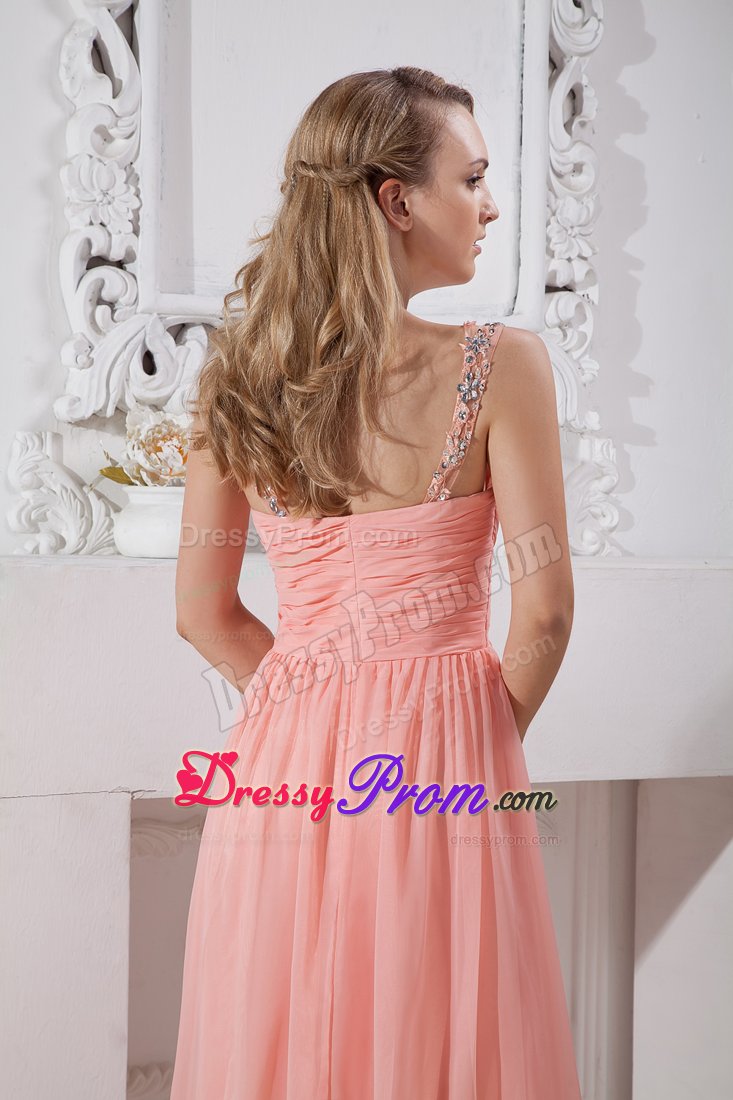 Ruched and Beaded Watermelon Straps Prom Dress with Side Zipper