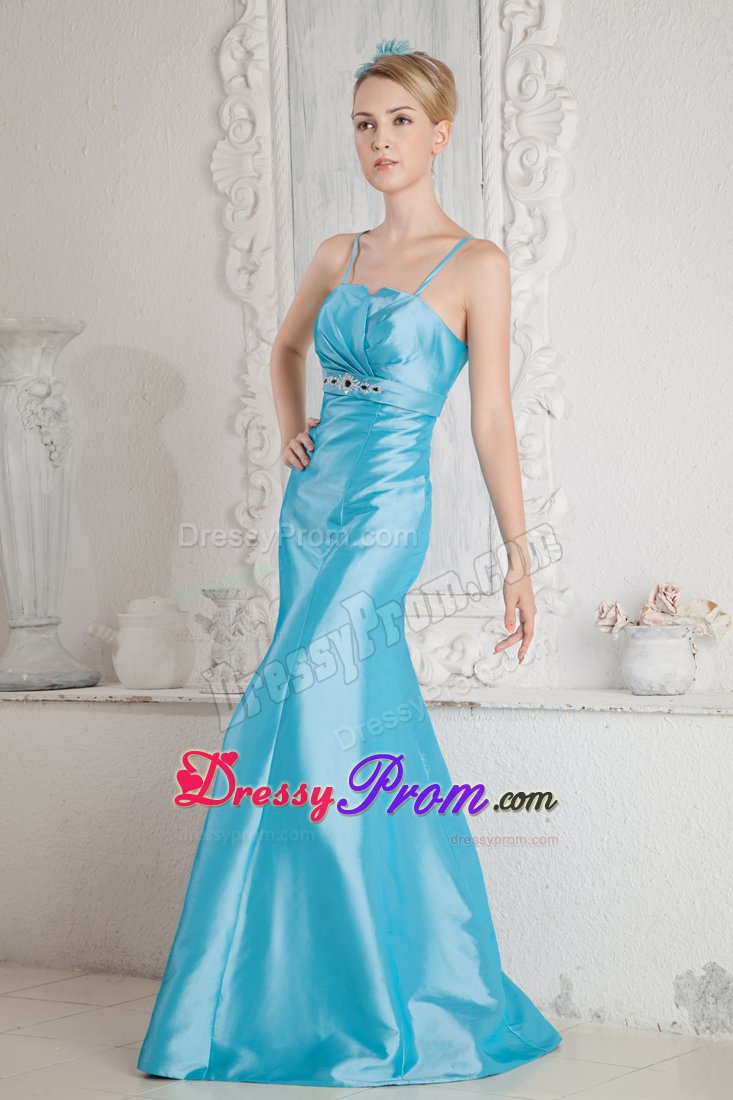 Beaded Aqua Blue Prom Gown Dress with Spaghetti Straps for Cheap