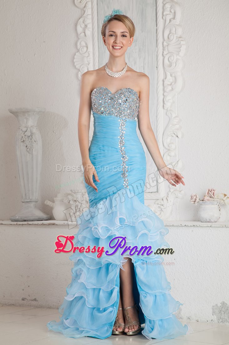 Ruched Sky Blue Organza Prom Pageant Dress with Beading and Ruffles