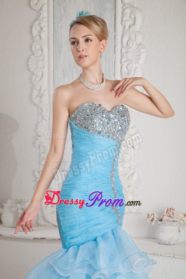 Ruched Sky Blue Organza Prom Pageant Dress with Beading and Ruffles