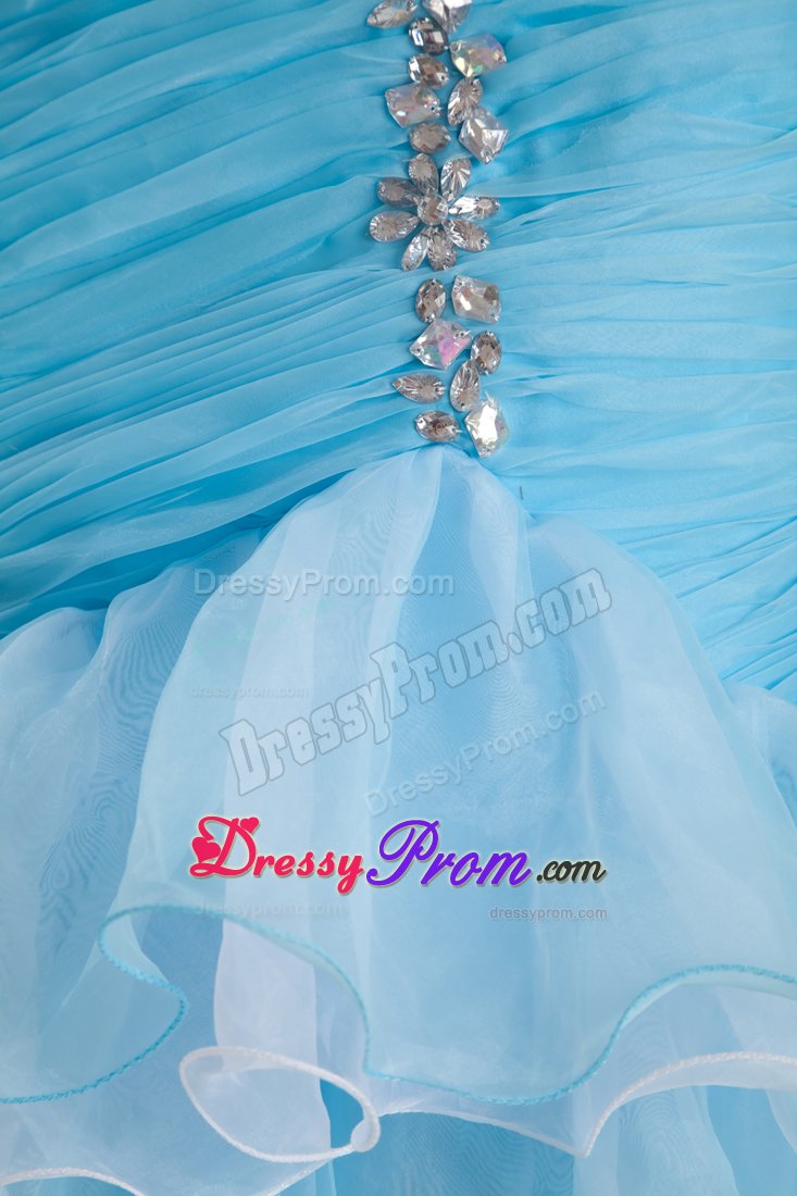 Ruched Sky Blue Organza Prom Pageant Dress with Beading and Ruffles
