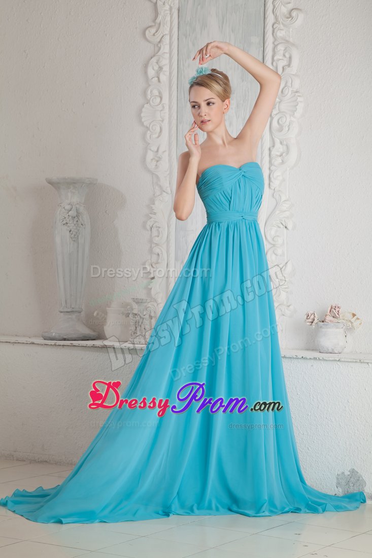 Sweet Zipper-up Ruched Bodice Prom Celebrity Dress Brush Train Chiffon