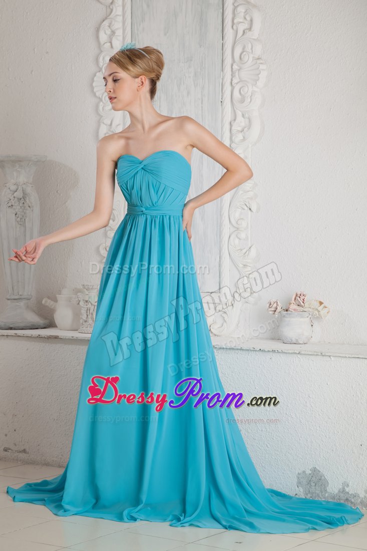 Sweet Zipper-up Ruched Bodice Prom Celebrity Dress Brush Train Chiffon