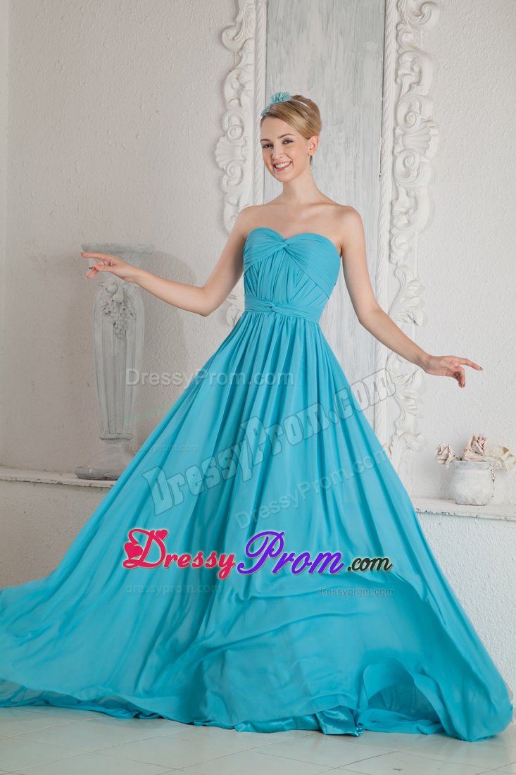 Sweet Zipper-up Ruched Bodice Prom Celebrity Dress Brush Train Chiffon