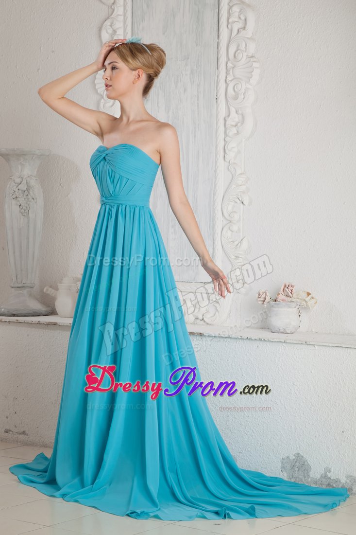 Sweet Zipper-up Ruched Bodice Prom Celebrity Dress Brush Train Chiffon