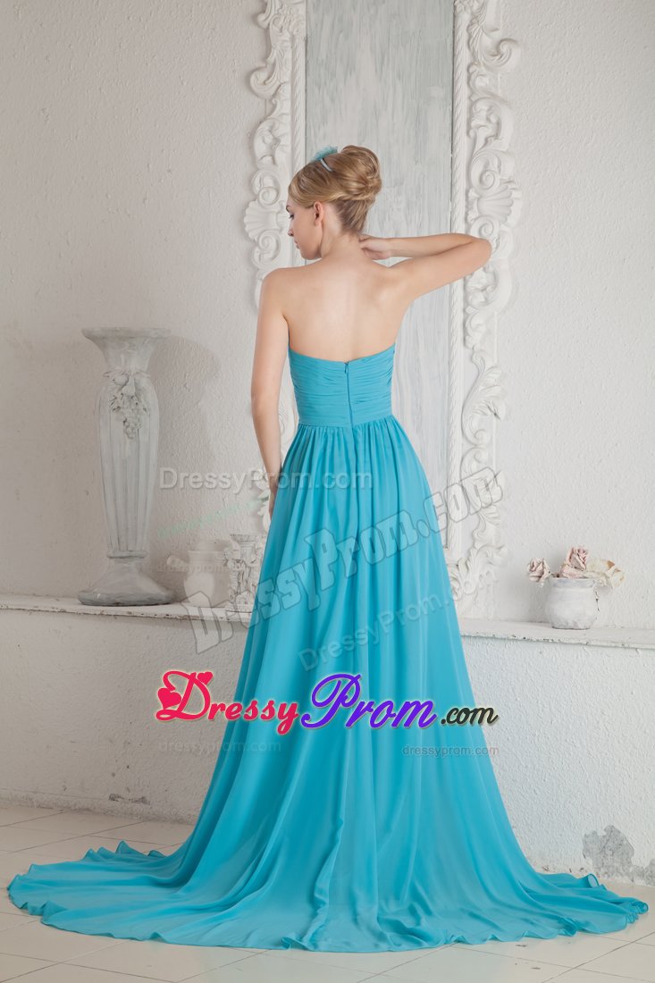 Sweet Zipper-up Ruched Bodice Prom Celebrity Dress Brush Train Chiffon