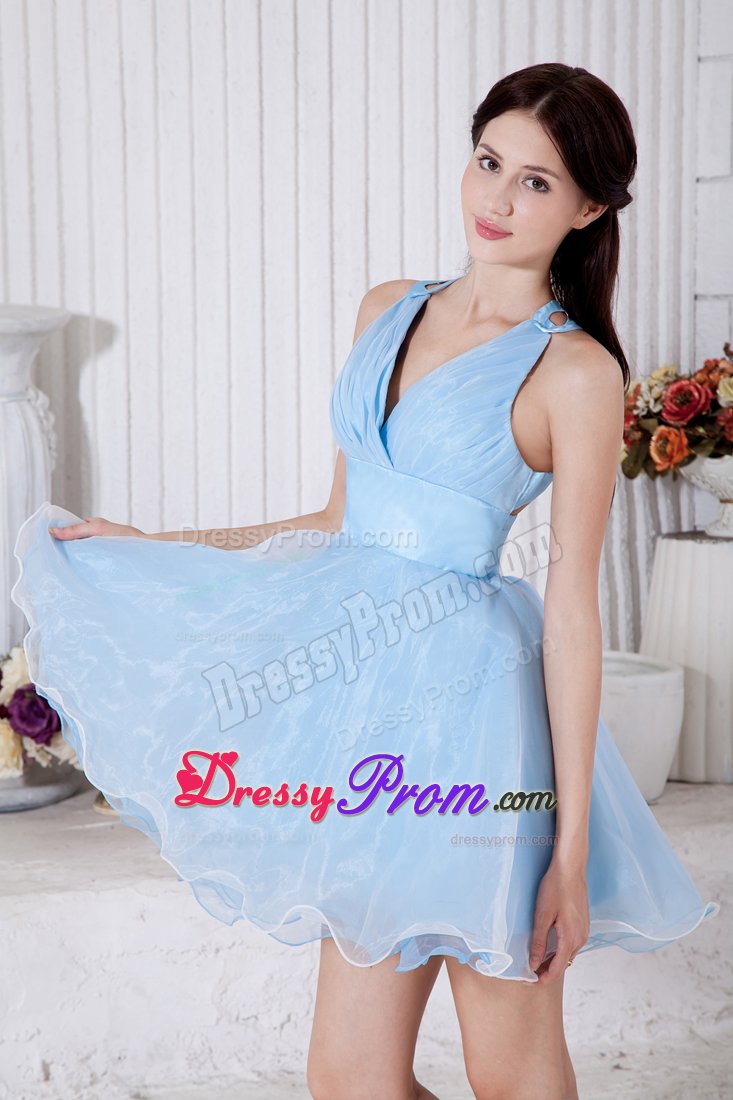 Beautiful Organza Mini-length Prom Dresses V-neck with Criss Cross Back