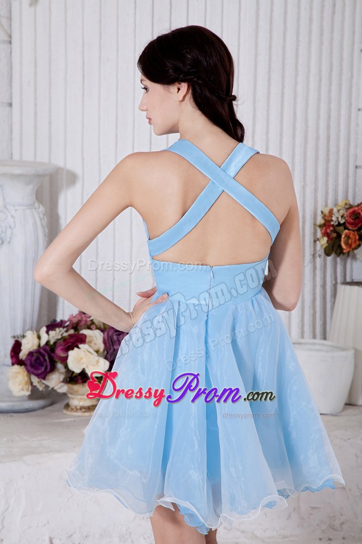 Beautiful Organza Mini-length Prom Dresses V-neck with Criss Cross Back