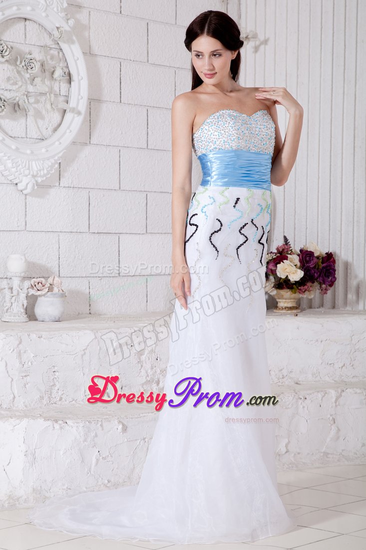 White Organza Brush Train Prom Pageant Dress with Beading and Belt