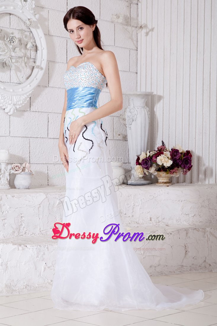 White Organza Brush Train Prom Pageant Dress with Beading and Belt